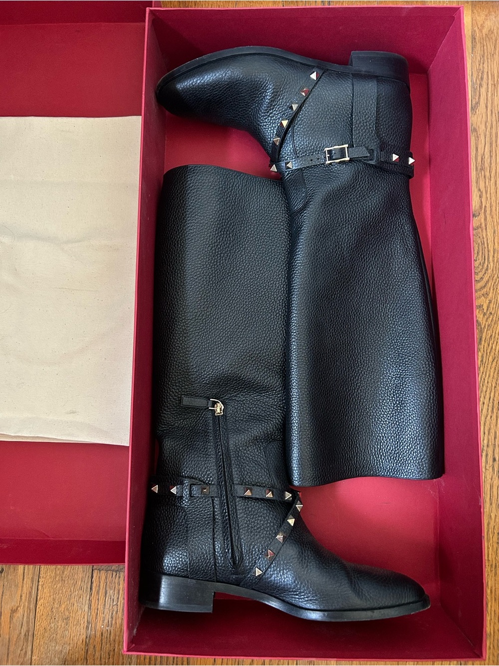Valentino Garavani Black Pebbled Leather Knee Boots with Rockstud Straps